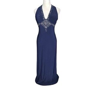 De Laru Navy Evening Long Dress Halter Beaded Baby Doll Sz 3/4 Y2K Style